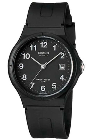 Front view of Casio Collection MW-59-1B Black Resin Mens Watch on white background