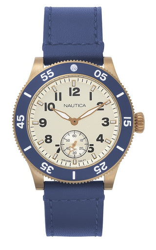 Front view of Nautica Huston NAPHST003 Blue Leather Mens Watch on white background