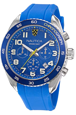 Front view of Nautica Chronograph NAPKBS225 Blue Rubber Mens Watch on white background