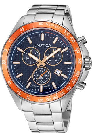 Front view of Nautica Chronograph NAPOBF117 Blue Dial Grey Stainless Steel Mens Watch on white background