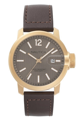 Front view of Nautica Sydney NAPSYD005 Brown Leather Mens Watch on white background