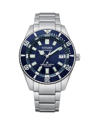 Front view of Citizen NB6021-68L Blue Dial Silver Titanium Unisex Watch on white background