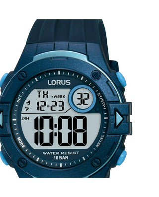 Angle shot of Lorus Sports R2325PX9 Blue Rubber Unisex Watch on white background