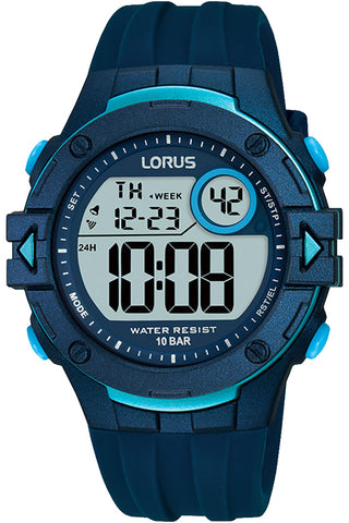 Front view of Lorus Sports R2325PX9 Blue Rubber Unisex Watch on white background