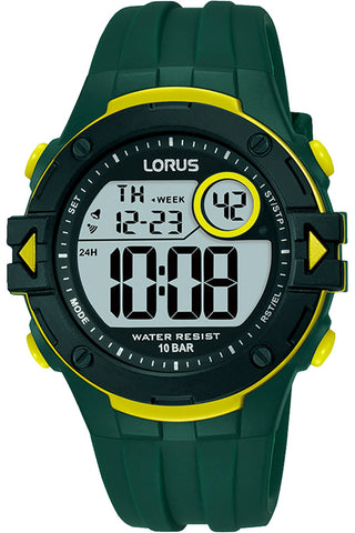 Front view of Lorus Sports R2327PX9 Green Rubber Unisex Watch on white background