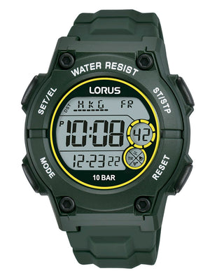 Angle shot of Lorus Sports R2333PX9 Green Rubber Unisex Watch on white background