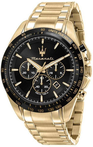 Front view of Maserati Traguardo Chronograph R8873612041 Black Dial Gold Stainless Steel Mens Watch on white background