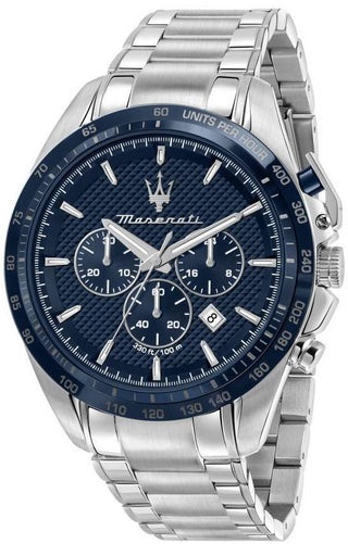 Front view of Maserati Traguardo Chronograph R8873612043 Blue Dial Silver Stainless Steel Mens Watch on white background