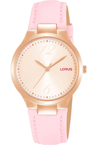 Front view of Lorus Lady RG210UX9 Pink Leather Womens Watch on white background