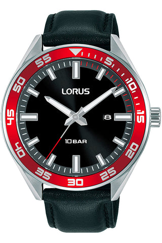 Front view of Lorus Classic RH941NX9 Black Leather Mens Watch on white background