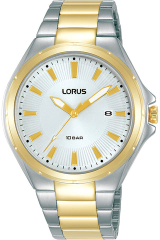 Front view of Lorus Classic RH944PX9 Grey Dial Gold Stainless Steel Mens Watch on white background