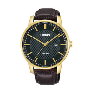 Front view of Lorus Classic RH980NX9 Black Dial Brown Leather Mens Watch on white background