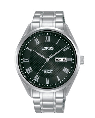 Angle shot of Lorus Automatic RL429BX9 Black Dial Grey Stainless Steel Mens Watch on white background