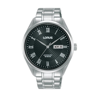 Front view of Lorus Automatic RL429BX9 Black Dial Grey Stainless Steel Mens Watch on white background