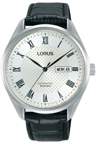 Front view of Lorus Automatic RL437BX9 Grey Dial Black Leather Mens Watch on white background