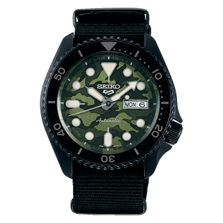 Front view of Seiko 5 Sports SRPJ37K1 Green Dial Black Textile Mens Watch on white background