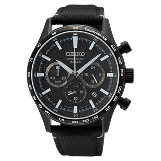 Front view of Seiko Chronograph SSB417P1 Black Textile Mens Watch on white background