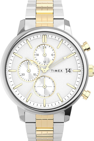 Front view of Timex Chicago Chronograph TW2V01800 Grey Dial Gold Stainless Steel Mens Watch on white background