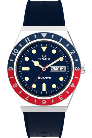 Front view of Timex Q Diver TW2V32100 Blue Rubber Unisex Watch on white background