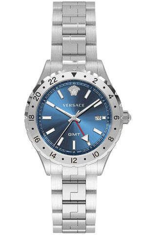 Front view of Versace V11010015 Blue Dial Grey Stainless Steel Unisex Watch on white background