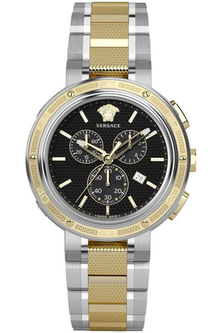 Front view of Versace Chronograph VE2H00421 Black Dial Gold Stainless Steel Mens Watch on white background