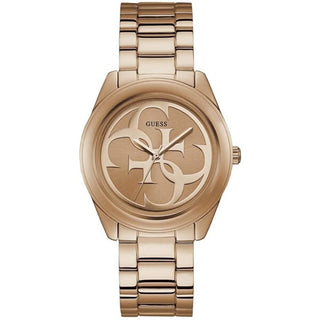 Front view of Guess GTwist W1082L3 Rose Gold Stainless Steel Womens Watch on white background