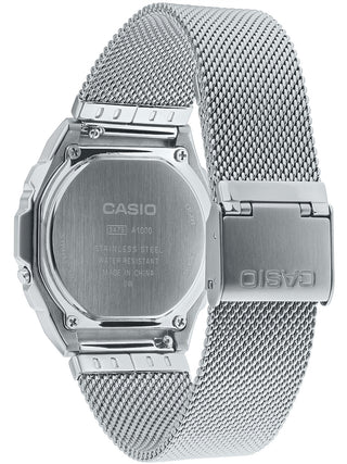 Angle shot of Casio Vintage Premium Collection Silver Mesh Mop Dial A1000M-1BEF Black Dial Silver Stainless Steel Unisex Watch on white background