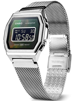 Angle shot of Casio Vintage Premium Collection Silver Mesh Mop Dial A1000M-1BEF Black Dial Silver Stainless Steel Unisex Watch on white background