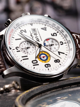 Angle shot of Avi-8 Chronograph AV-4011-01 White Dial Brown Leather Unisex Watch on white background