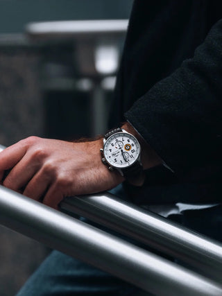 Angle shot of Avi-8 Chronograph AV-4011-01 White Dial Brown Leather Unisex Watch on white background