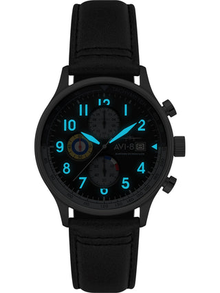 Angle shot of Avi-8 Chronograph AV-4011-0U Black Leather Unisex Watch on white background