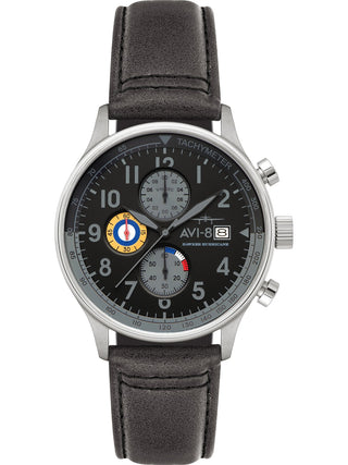 Angle shot of Avi-8 Chronograph AV-4011-0U Black Leather Unisex Watch on white background