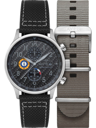 Front view of Avi-8 Chronograph AV-4011-0W Black Leather Unisex Watch on white background