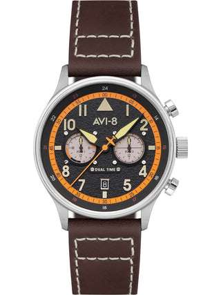 Front view of Avi-8 AV-4088-07 Black Dial Brown Leather Unisex Watch on white background