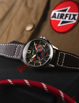 Angle shot of Avi-8 Chronograph AV-4089-09 Black Dial Brown Leather Unisex Watch on white background