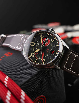 Angle shot of Avi-8 Chronograph AV-4089-09 Black Dial Brown Leather Unisex Watch on white background