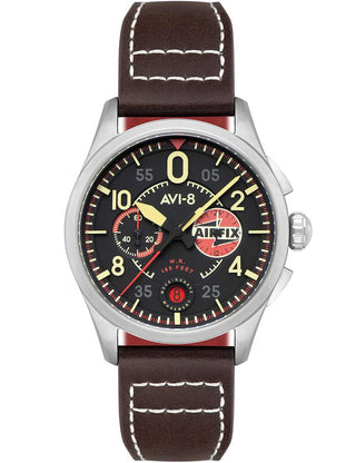 Front view of Avi-8 Chronograph AV-4089-09 Black Dial Brown Leather Unisex Watch on white background