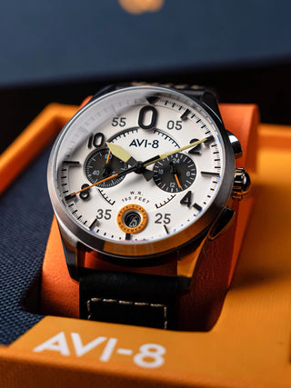 Angle shot of Avi-8 Chronograph AV-4089-0B Black Leather Unisex Watch on white background