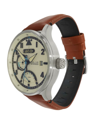 Angle shot of Avi-8 AV-4101-0C Brown Leather Unisex Watch on white background