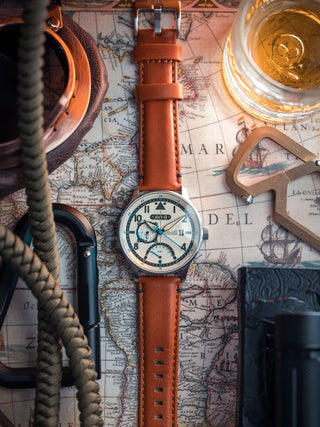 Angle shot of Avi-8 AV-4101-0C Brown Leather Unisex Watch on white background