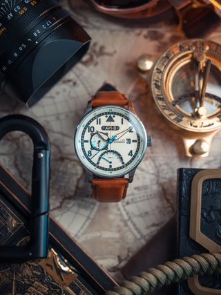 Angle shot of Avi-8 AV-4101-0C Brown Leather Unisex Watch on white background