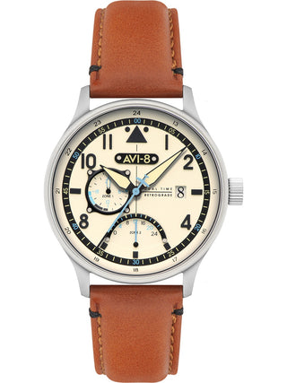 Angle shot of Avi-8 AV-4101-0C Brown Leather Unisex Watch on white background