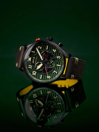 Angle shot of Avi-8 Chronograph AV-4109-04 Green Leather Unisex Watch on white background