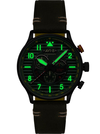 Angle shot of Avi-8 Chronograph AV-4109-04 Green Leather Unisex Watch on white background