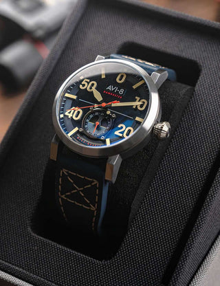 Angle shot of Avi-8 AV-4113-01 Blue Leather Unisex Watch on white background