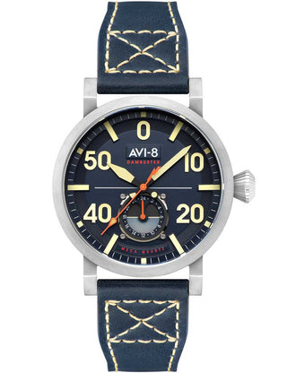 Front view of Avi-8 AV-4113-01 Blue Leather Unisex Watch on white background