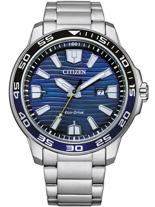 Front view of Citizen Eco-Drive AW1525-81L Blue Dial Grey Stainless Steel Mens Watch on white background