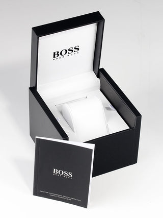 Angle shot of Hugo Boss Chronograph 1513935 Black Leather Unisex Watch on white background