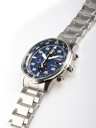 Angle shot of Citizen Chronograph CA0690-88L Blue Dial Silver Stainless Steel Unisex Watch on white background