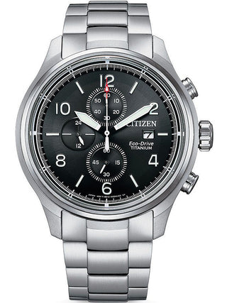 Front view of Citizen Eco-Drive Chronograph CA0810-88E Black Dial Grey Stainless Steel Mens Watch on white background